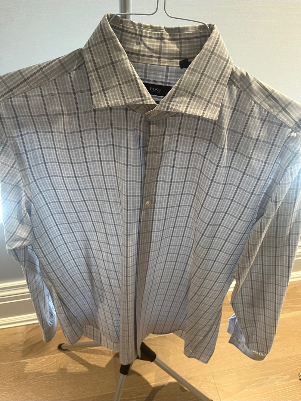 BOSS Men’s Light Gray Plaid Dress Shirt